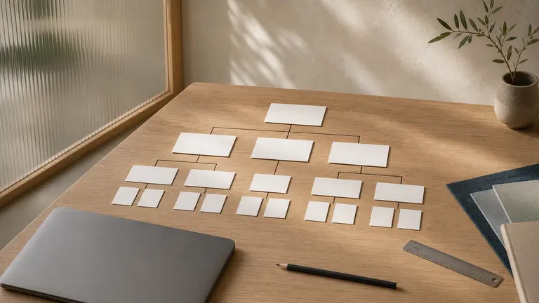 Cartes de papier organisées en arborescence sur une table en bois