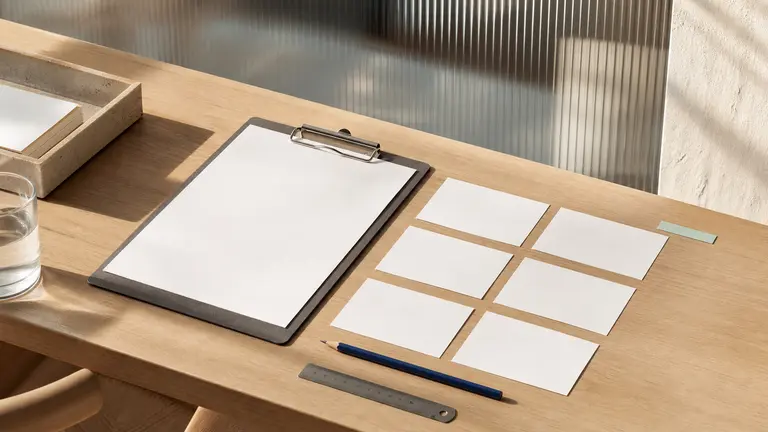 Presse-papiers vierge, cartes ordonnées, crayon bleu et règle sur une table