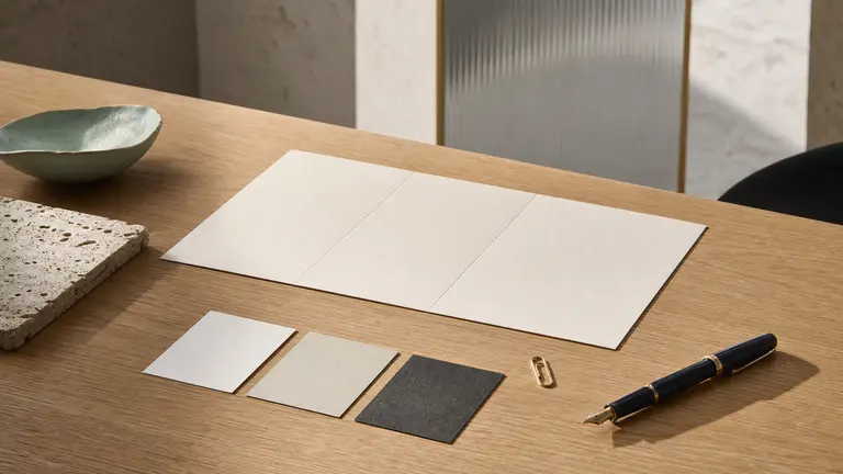 Trois échantillons de papier, feuille de comparaison vierge et stylo bleu