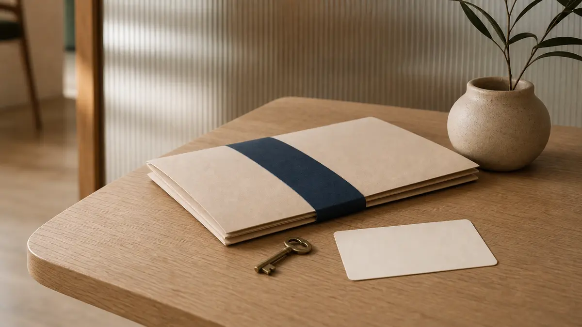 Dossier fermé par une bande bleu encre, clé et carte vierge