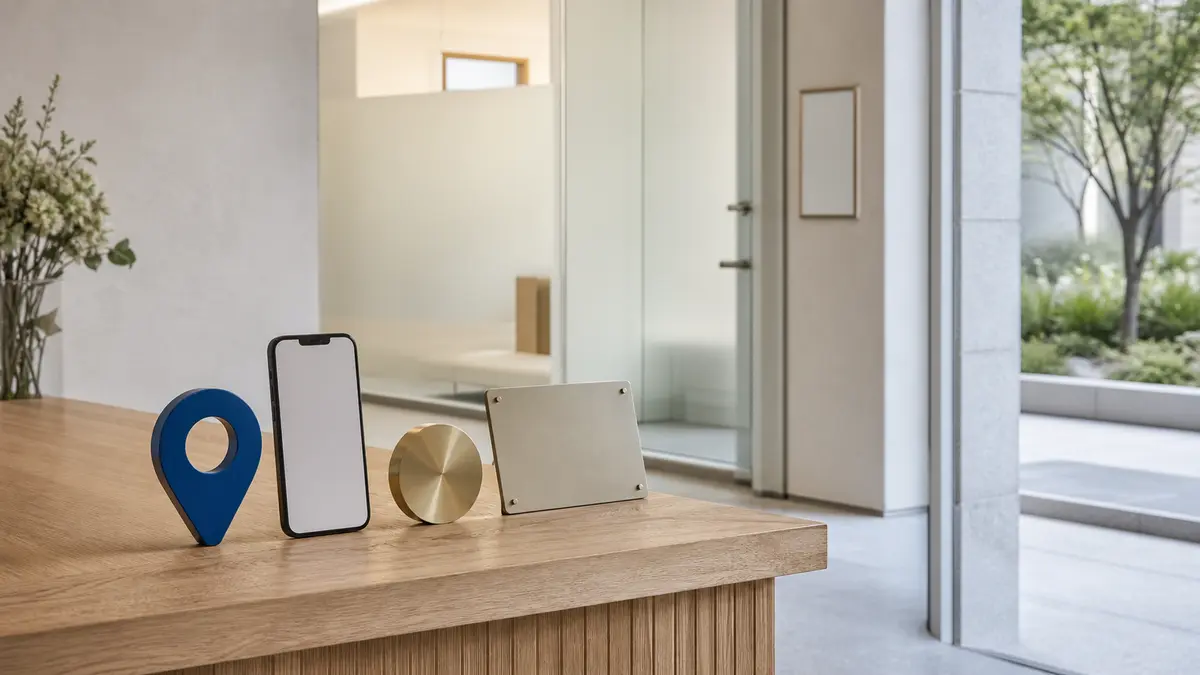 Repère de localisation, téléphone et plaque vierge à l’entrée d’un cabinet