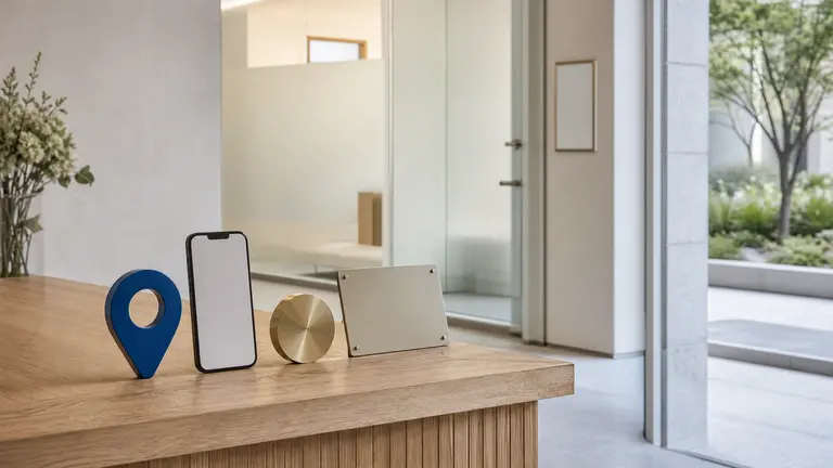 Repère de localisation, téléphone et plaque vierge à l’entrée d’un cabinet