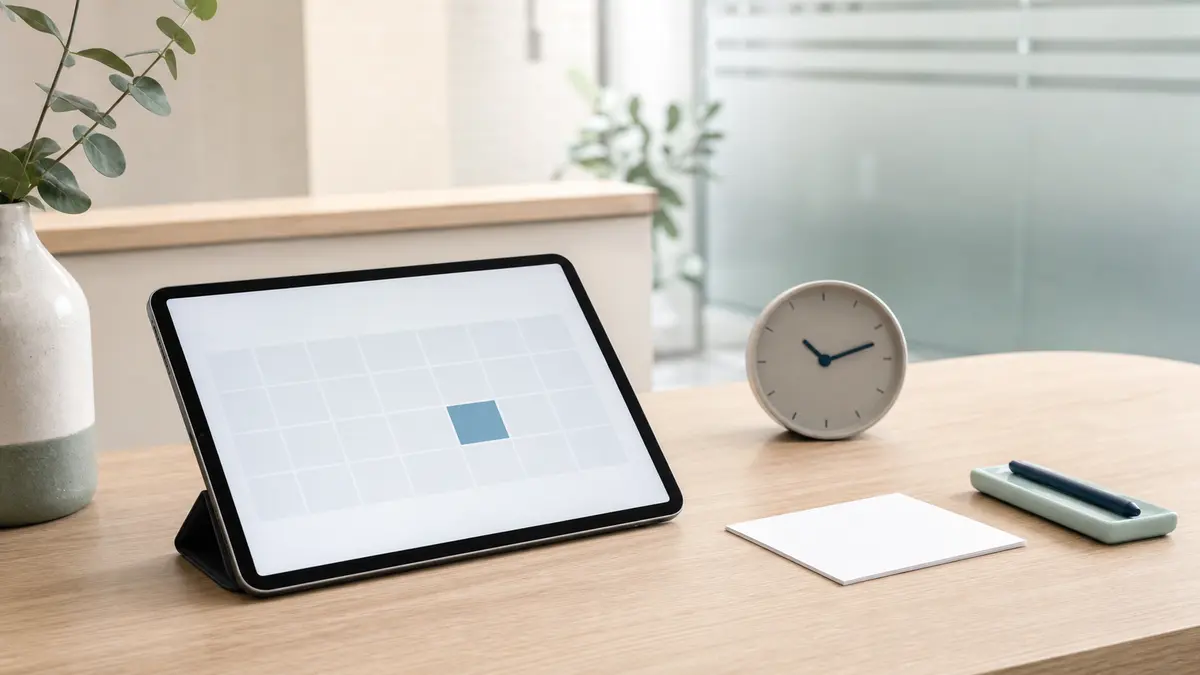 Calendrier simplifié sur une tablette et horloge dans un accueil médical