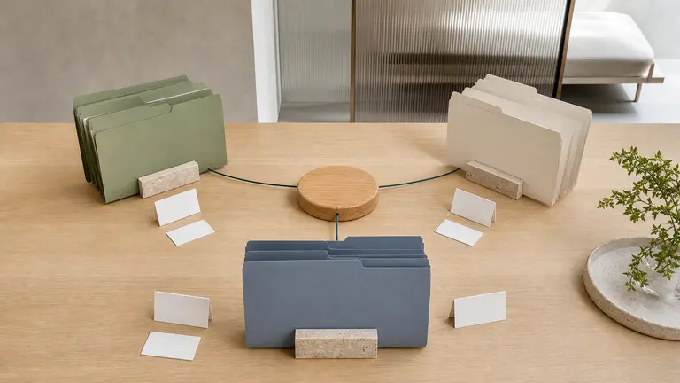 Trois groupes de dossiers reliés à un centre commun sur une table