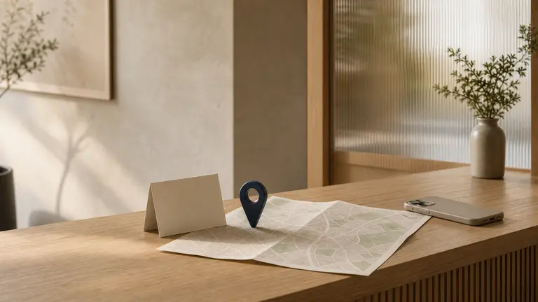 Plan de ville sans libellés et repère bleu sur un comptoir en bois